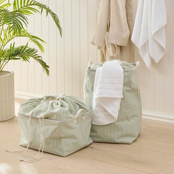 Baskets |  Collapsible Green Pinstripe Storage Basket Baskets Baskets