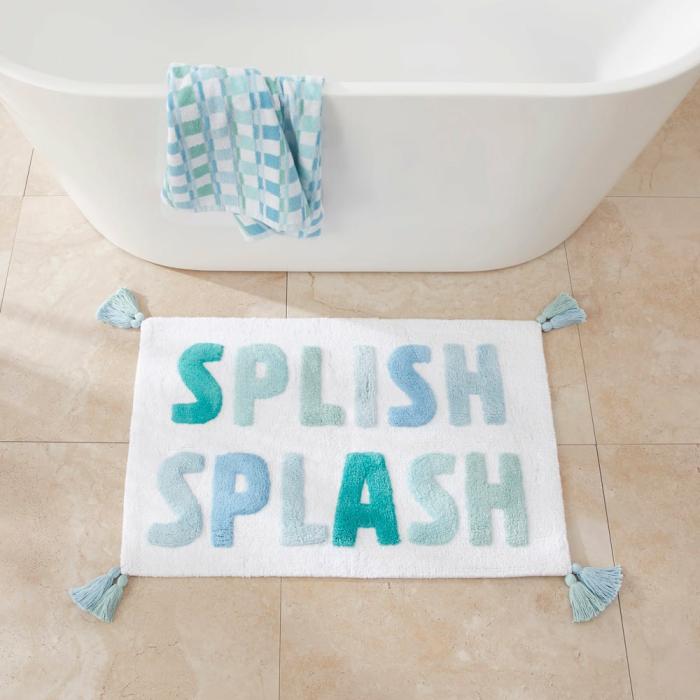 Bath Mats |  Splish Splash Blue & Mint Text Bath Mat Kids Bathroom Bath Mats