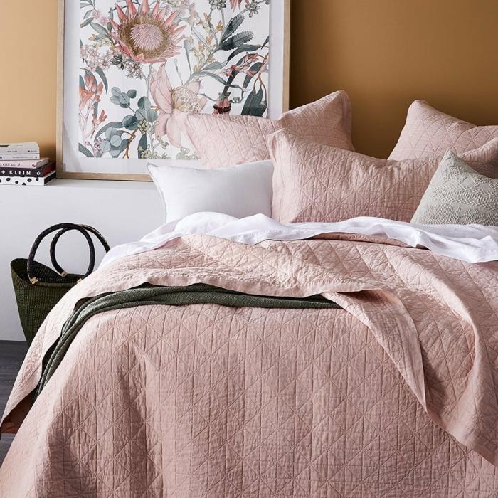 Coverlets |  Vintage Washed Linen Nude Pink Quilted Coverlet Separates Bedlinen Coverlets