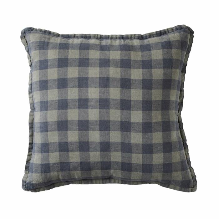 Cushions |  Belgian Gum Leaf & Deep Teal Check Vintage Washed Linen Cushion Cushions Cushions