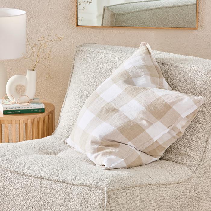 Cushions |  Belgian White & Linen Large Check Vintage Washed Linen Cushion Cushions Cushions