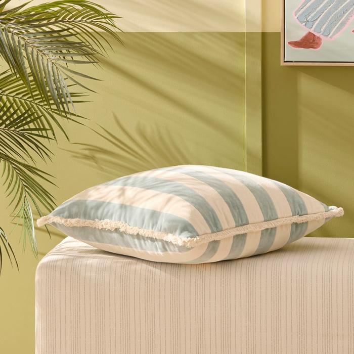 Cushions |  Bernie Blue Surf & Natural Stripe Velvet Cushion Cushions Cushions