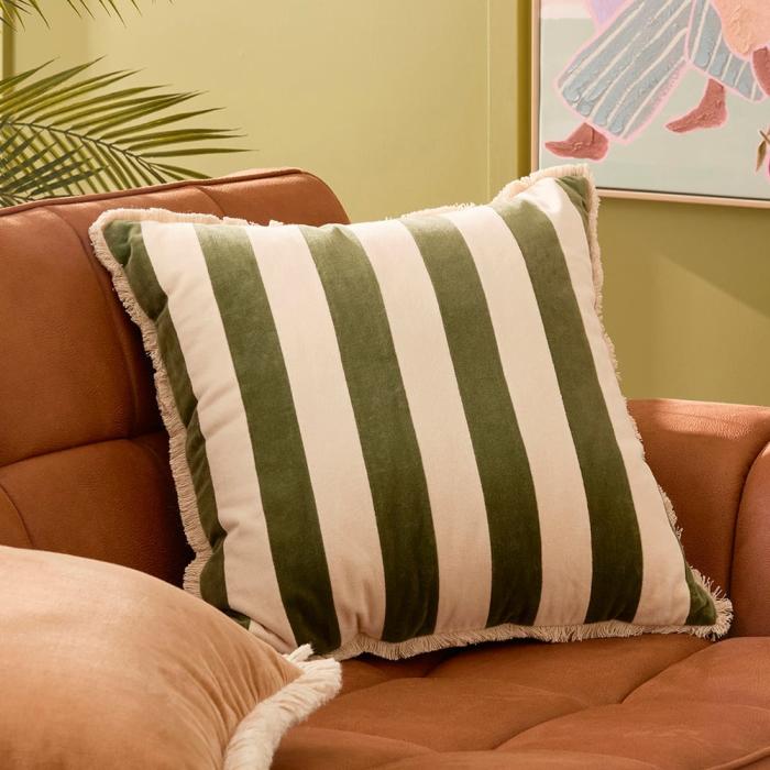 Cushions |  Bernie Green & Natural Stripe Velvet Cushion Cushions Cushions