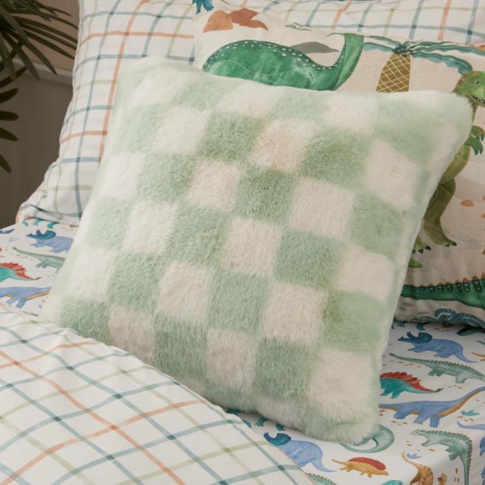 Cushions |  Frankie Pastel Green Check Faux Fur Cushion Cushions Cushions