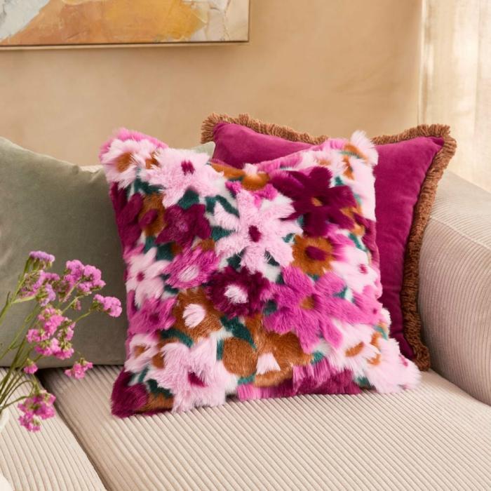 Cushions |  Grace Purple Floral Fur Cushion Cushions Cushions