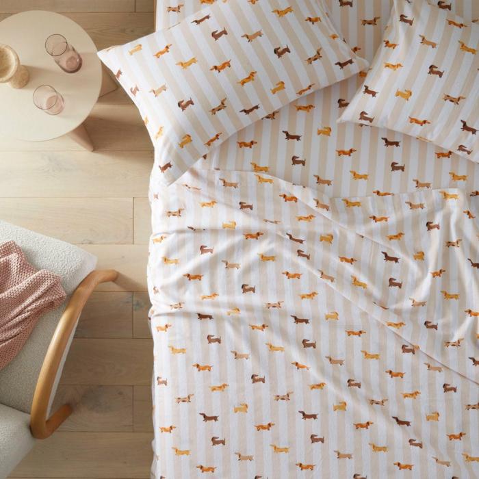 Flannelette |  Flannelette Sand Dachshund Printed Sheet Set Bedlinen Flannelette