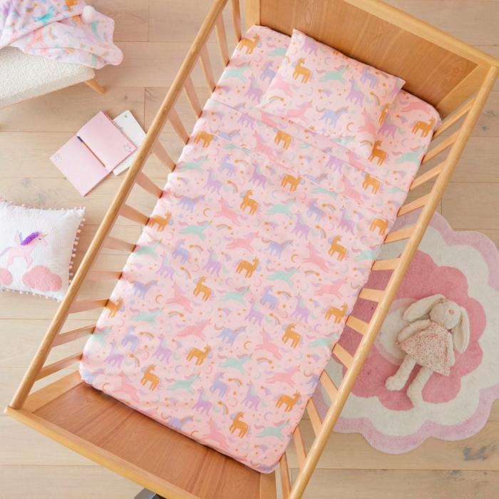 Flannelette |  Moonlight Unicorn Pink Flannelette Cot Sheet Set Flannelette Flannelette