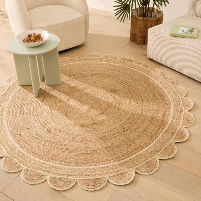 Floor Rugs & Mats |  Jute & White Scalloped Round Rug Floor Rugs & Mats Floor Rugs & Mats