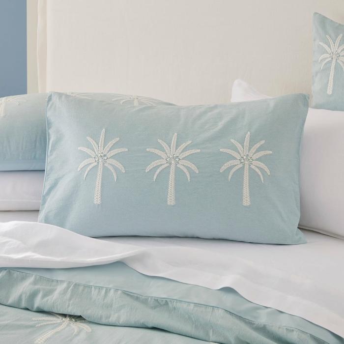 Pillowcases |  Byron Palm Blue Embroidered Pillowcases Bedlinen Pillowcases