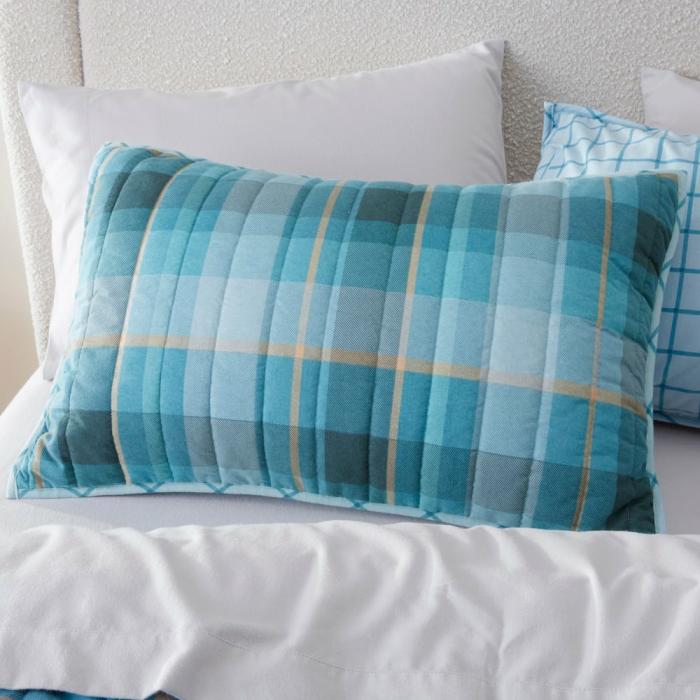 Pillowcases |  Flannelette Printed Stirling Check Blue Quilted Pillowcases Bedlinen Flannelette