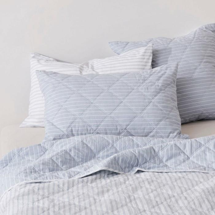 Pillowcases |  Stonewashed Cotton Blue Stripe Quilted Pillowcases Bedlinen Pillowcases