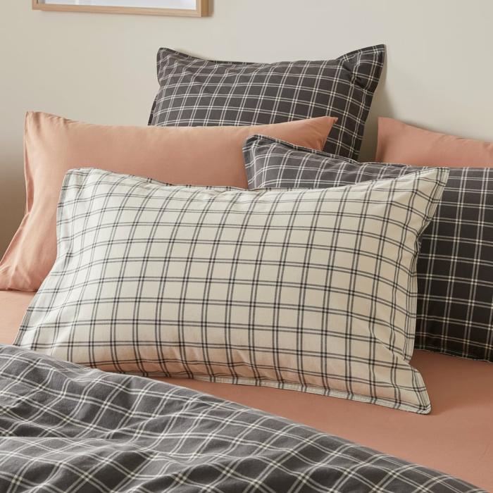 Pillowcases |  Stonewashed Cotton Charcoal Grid Pillowcases Bedlinen Pillowcases