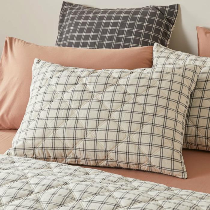 Pillowcases |  Stonewashed Cotton Charcoal Grid Quilted Pillowcases Bedlinen Pillowcases