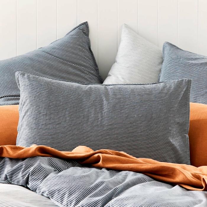 Pillowcases |  Stonewashed Printed Cotton Navy Stripe Pillowcases Bedlinen Pillowcases