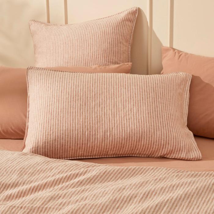 Pillowcases |  Vintage Washed Linen Caramel & Nude Pink Stripe Pillowcases Bedlinen Pillowcases