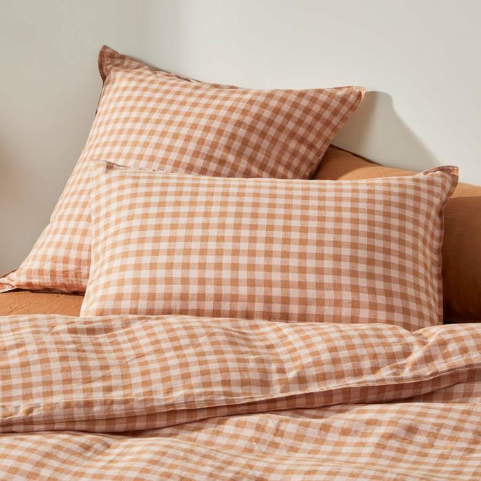 Pillowcases |  Vintage Washed Linen Caramel & Pink Check Pillowcases Bedlinen Pillowcases