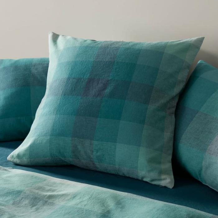 Pillowcases |  Vintage Washed Linen Cotton Ombre Check Teal Pillowcases Bedlinen Pillowcases