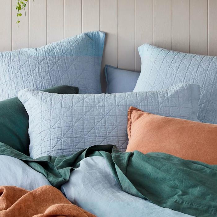 Pillowcases |  Vintage Washed Linen Dusty Blue Quilted Pillowcase Bedlinen Pillowcases