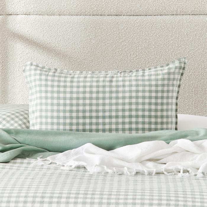 Pillowcases |  Vintage Washed Linen Eucalyptus Check Pillowcases Bedlinen Pillowcases