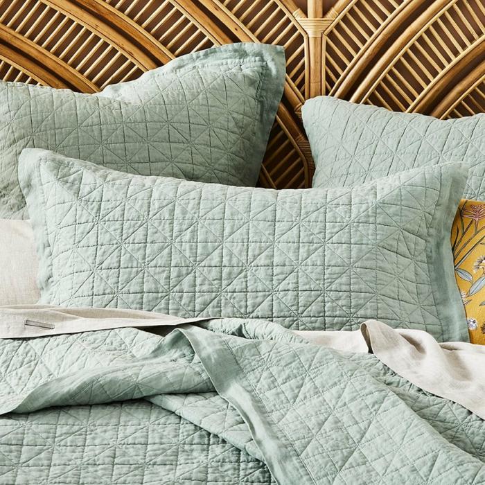 Pillowcases |  Vintage Washed Linen Eucalyptus Quilted Pillowcase Bedlinen Pillowcases