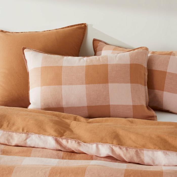 Pillowcases |  Vintage Washed Linen Large Caramel & Pink Check Pillowcases Bedlinen Pillowcases