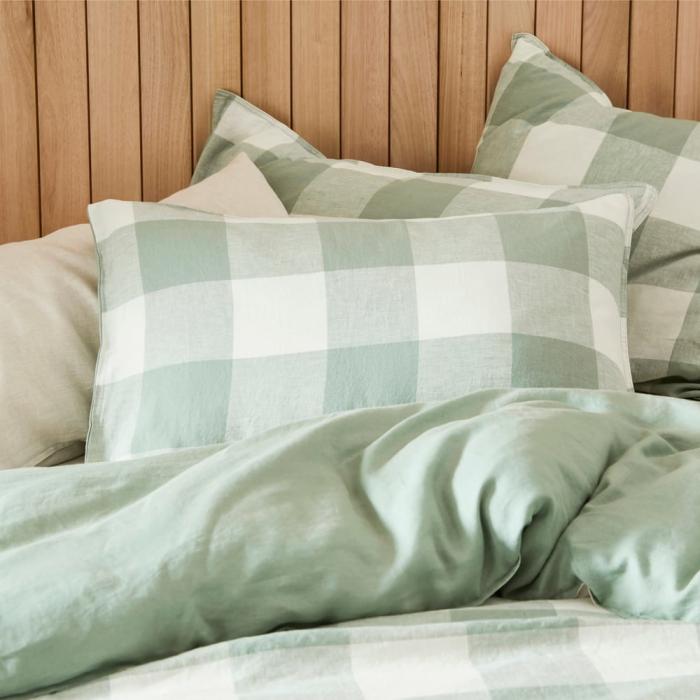 Pillowcases |  Vintage Washed Linen Large Eucalyptus Check Pillowcases Bedlinen Pillowcases