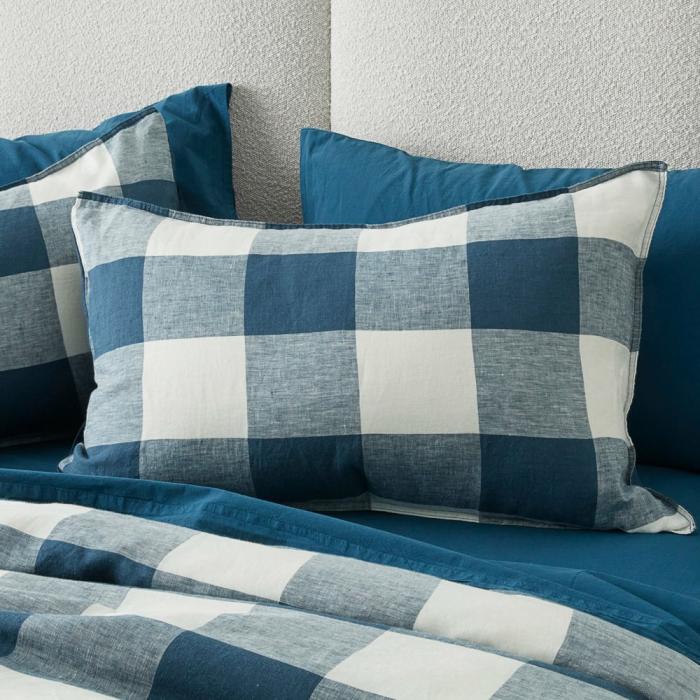 Pillowcases |  Vintage Washed Linen Large Navy Check Pillowcases Bedlinen Pillowcases