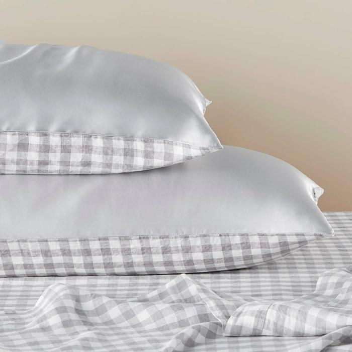 Pillowcases |  Vintage Washed Linen Silk Grey Check Pillowcase Pair Bedlinen Pillowcases