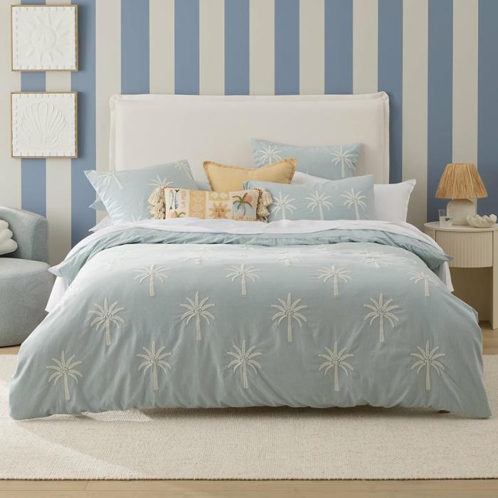 Quilt Covers |  Byron Palm Blue Embroidered Quilt Cover Separates Bedlinen Quilt Covers