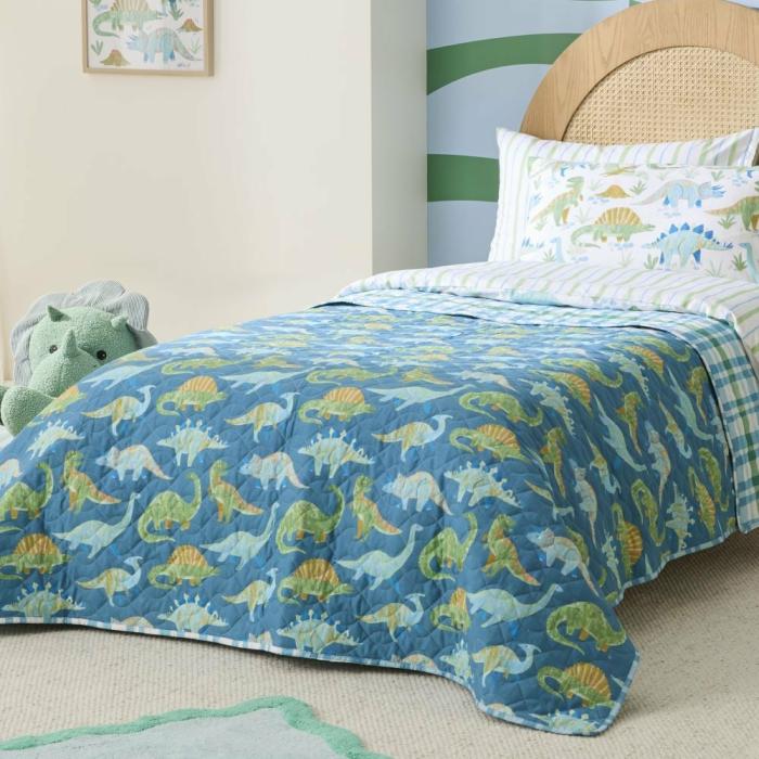 Quilt Covers & Coverlets |  Dinosaur Habitat Blue Green Quilted Coverlet Kids Bedlinen Quilt Covers & Coverlets