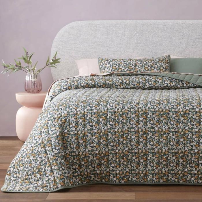 Quilt Covers |  Flannelette Printed Libertine Floral Green Quilted Coverlet Separates Bedlinen Flannelette