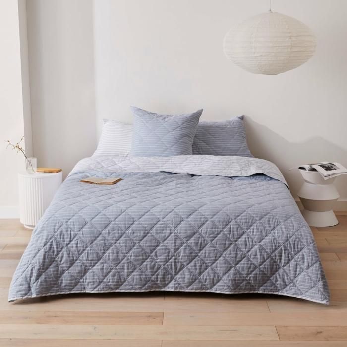 Quilt Covers |  Stonewashed Cotton Blue Stripe Quilted Coverlet Separates Bedlinen Quilt Covers