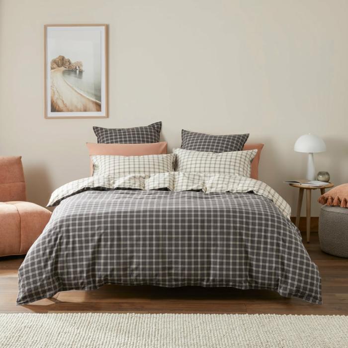 Quilt Covers |  Stonewashed Cotton Charcoal Grid Quilt Cover Separates Bedlinen Quilt Covers