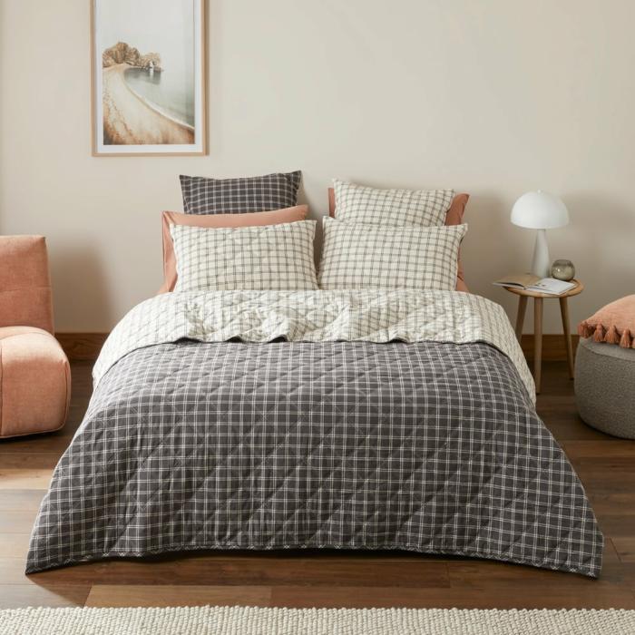 Quilt Covers |  Stonewashed Cotton Charcoal Grid Quilted Coverlet Separates Bedlinen Quilt Covers