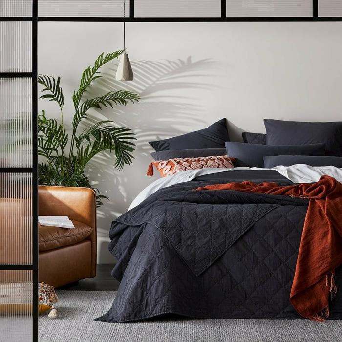 Quilt Covers |  Stonewashed Cotton Coal Quilted Coverlet Separates Bedlinen Coverlets