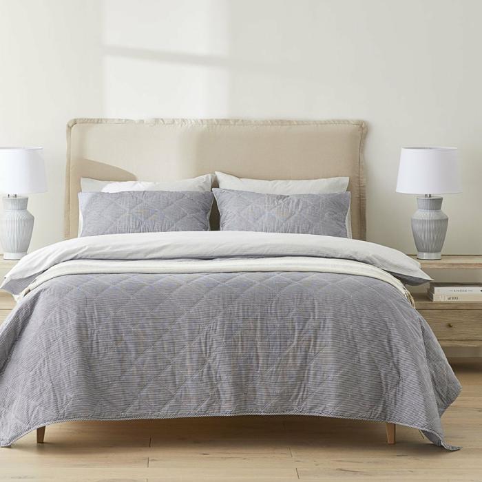 Quilt Covers |  Stonewashed Cotton Printed Navy Stripe Quilted Coverlet Separates Bedlinen Coverlets