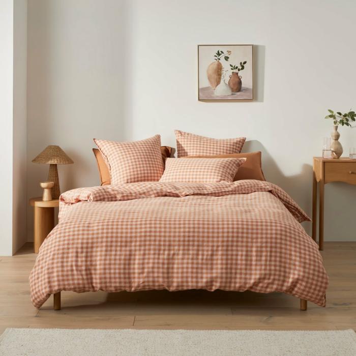 Quilt Covers |  Vintage Washed Linen Caramel & Pink Check Quilt Cover + Separates Bedlinen Quilt Covers