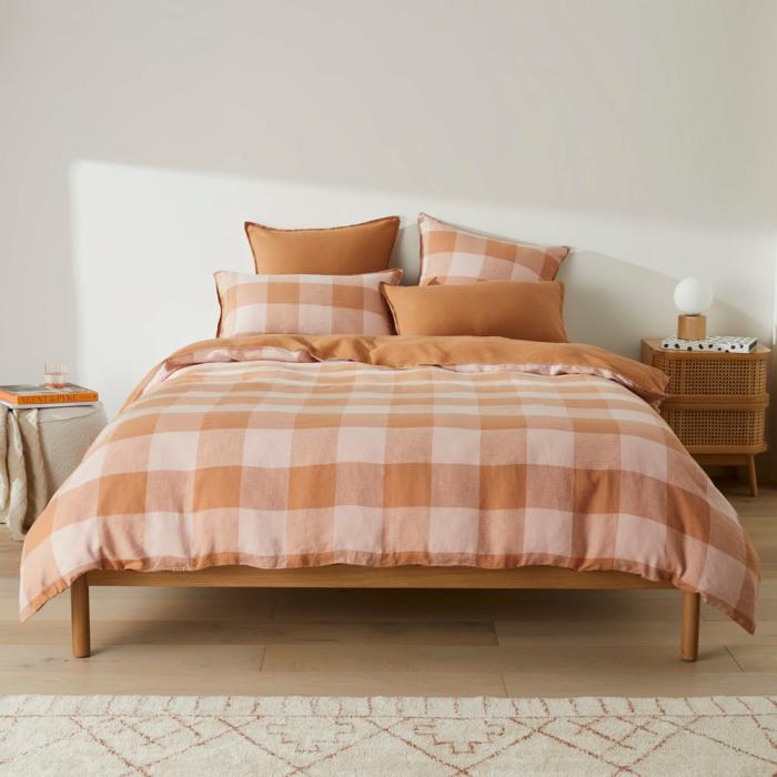 Quilt Covers |  Vintage Washed Linen Large Caramel & Pink Check Quilt Cover Separates Bedlinen Quilt Covers