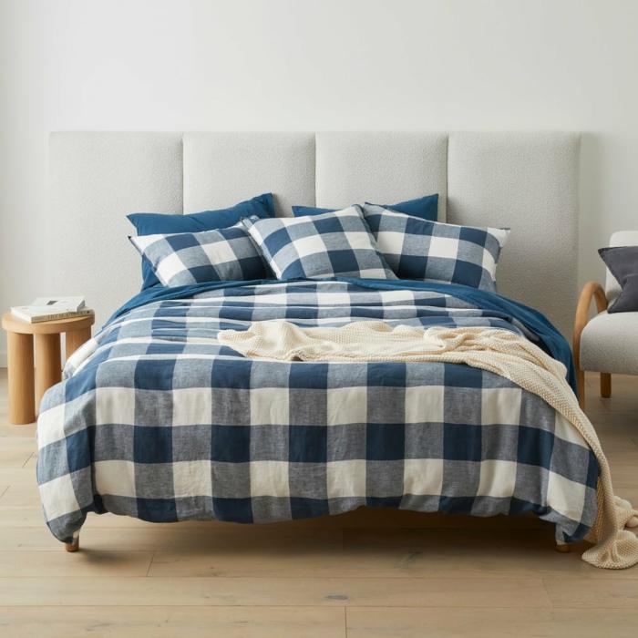 Quilt Covers |  Vintage Washed Linen Large Navy Check Quilt Cover Separates Bedlinen Quilt Covers