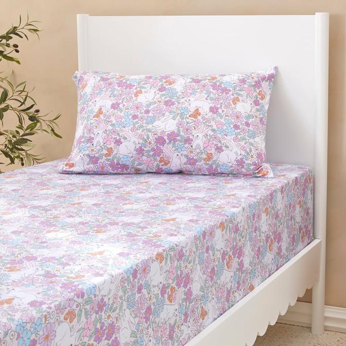 Sheets |  Bouncing Bunnies Blush Jersey Fitted Sheet Set Kids Bedlinen Sheets