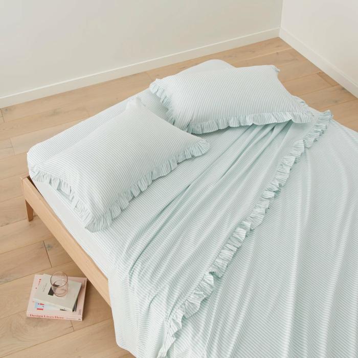 Sheets |  Ruffle Mint Blue Stripe Sheet Set Bedlinen Sheets