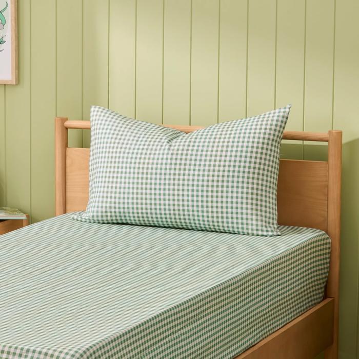 Sheets |  Stonewashed Cotton Moss Gingham Fitted Sheet Set Kids Bedlinen Sheets