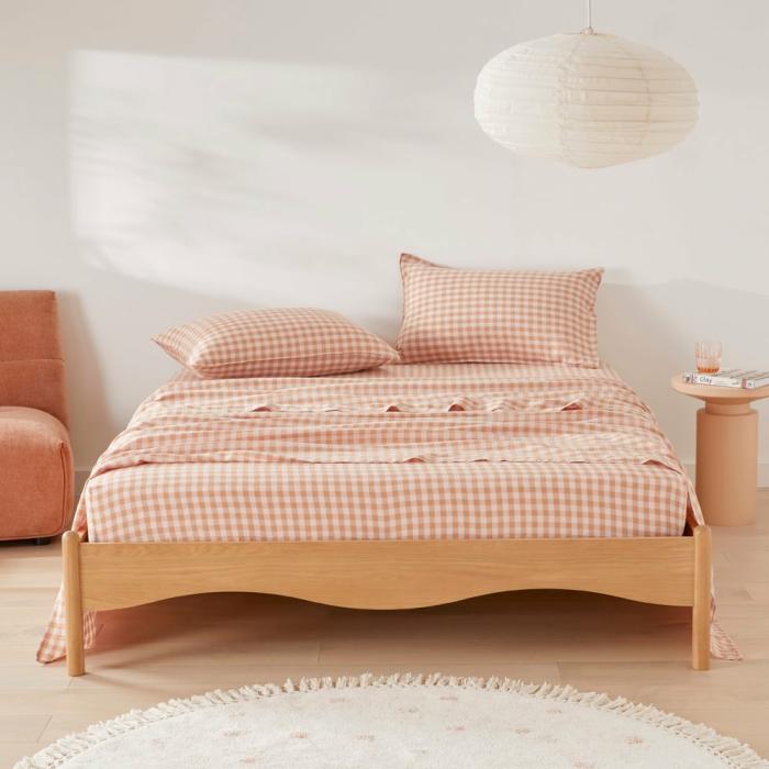 Sheets |  Vintage Washed Linen Caramel & Pink Check Sheet Separates Bedlinen Sheets