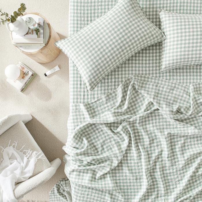 Sheets |  Vintage Washed Linen Eucalyptus Check Sheet Separates Bedlinen Sheets