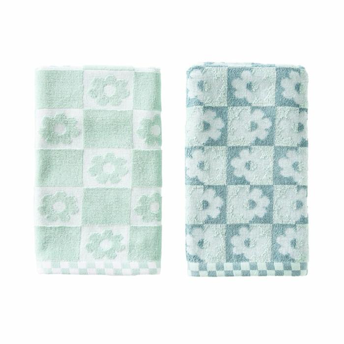 Tea Towels |  Retro Floral Smoke Blue & Mint Cotton Bamboo Tea Towels Pack Of 2 Kitchen Table & Servingware