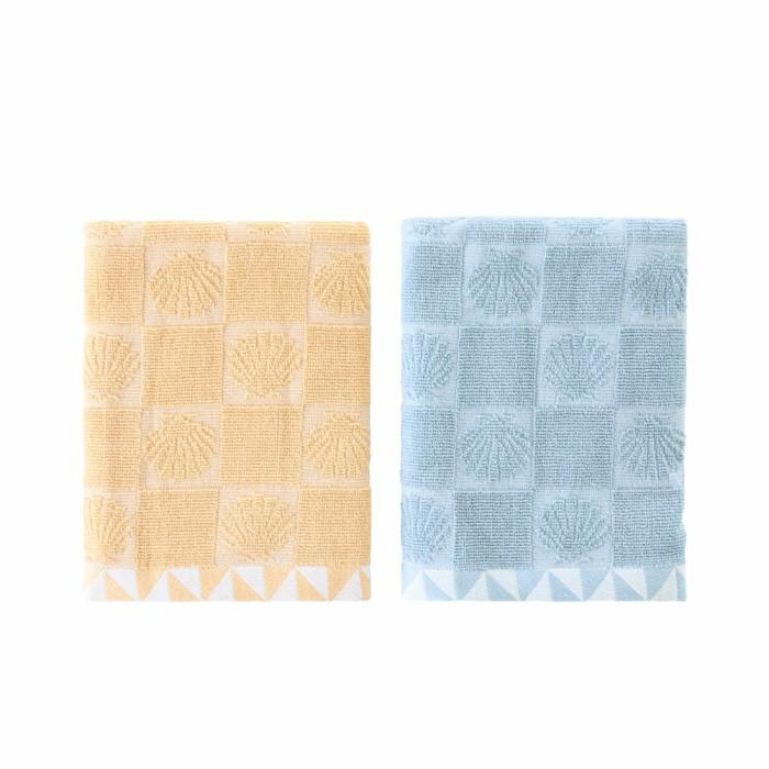 Tea Towels |  Seashells Blue & Natural Cotton Bamboo Tea Towel Pack Of 2 Kitchen Tea Towels