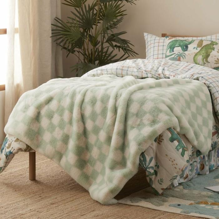 Throws |  Frankie Pastel Green Check Faux Fur Throw Kids Decor Throws