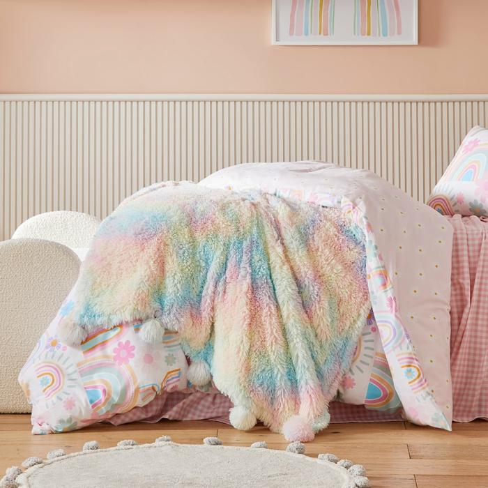 Throws |  Snuggly Sherpa Rainbow Pom Pom Throw Kids Decor Throws