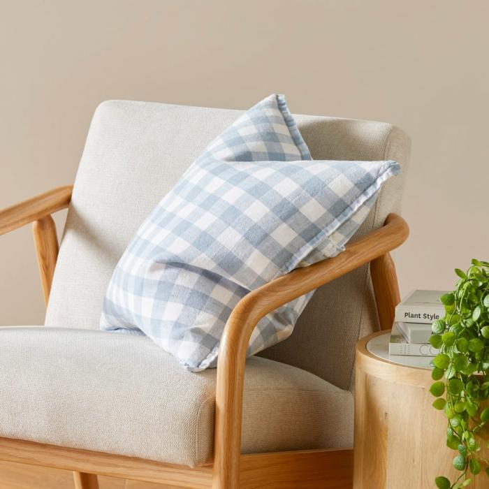 Cushions |  Belgian Light Denim & White Check Vintage Washed Linen Cushion Cushions Cushions